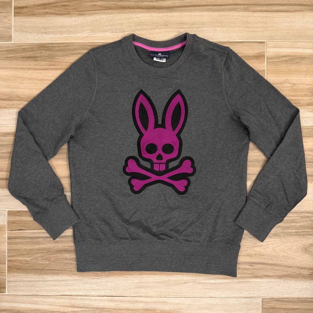 Psycho Bunny Mens XS Grey Crewneck Sweatshirt Pink Embroidered Logo Pullover